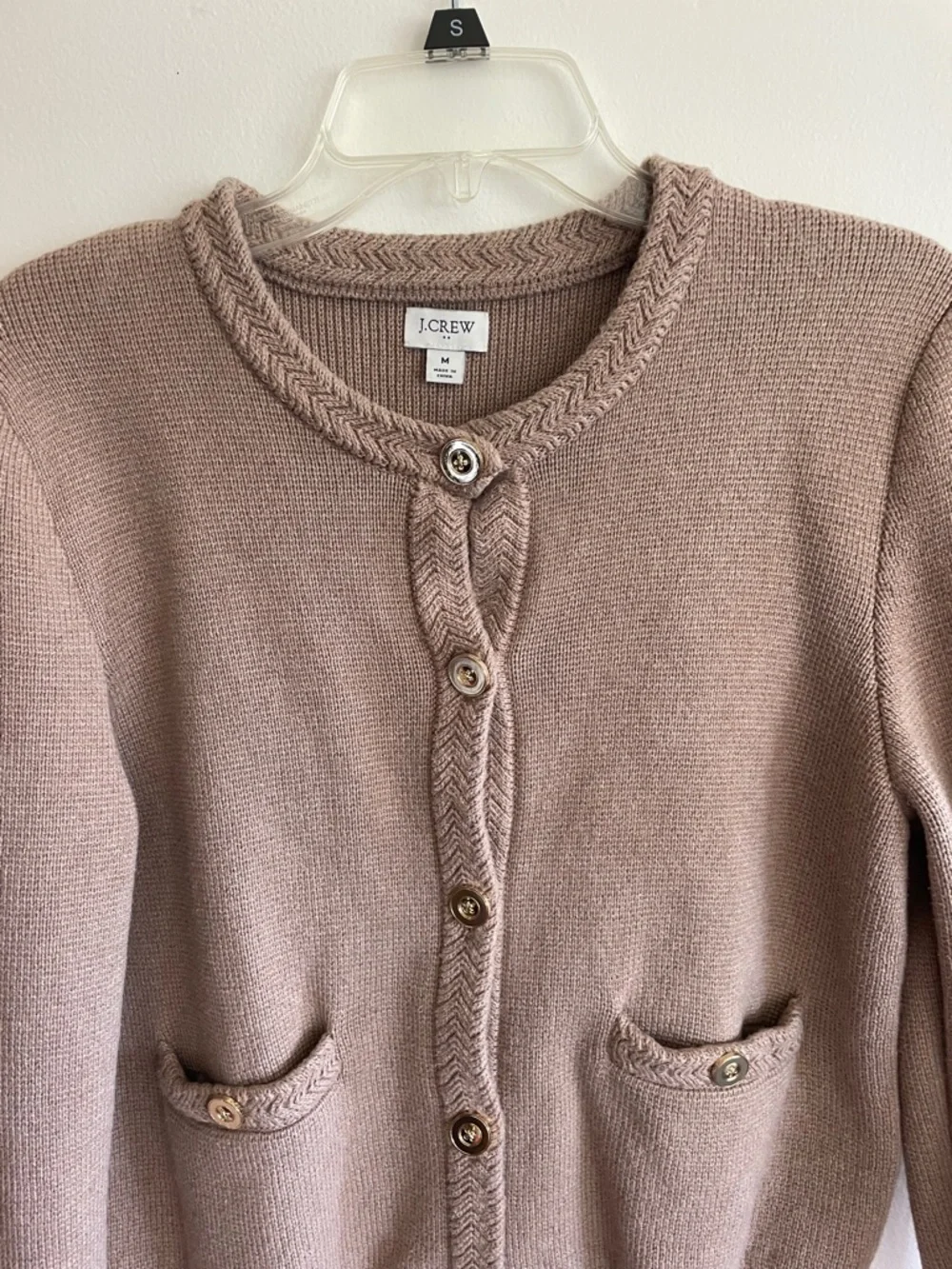 J. CREW Taupe Cotton Knit Button Braided Neck & Front Placket Cardigan M